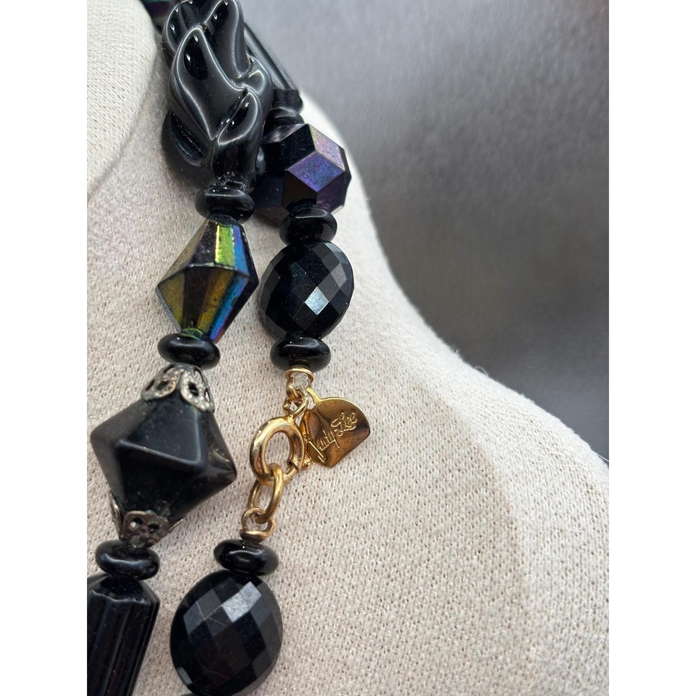 VTG Judy-Lee Signed Black Glass AB Necklace Faceted Crystal Beads Collector - Picture 2 of 12
